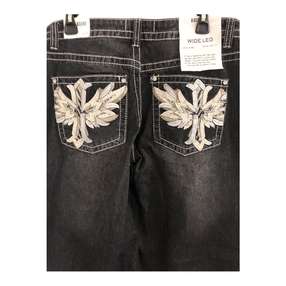 Cream gray sequin embroidered back pocket black denim‎ goth jeans size 9/29 new